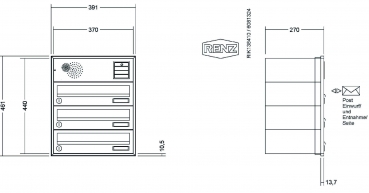 RENZ Briefkastenanlage Unterputz, Schattenfugenrahmen, Kastenformat 370x110x270mm, mit Klingel - & Lichttaster und Vorbereitung Gegensprechanlage, 3-teilig,